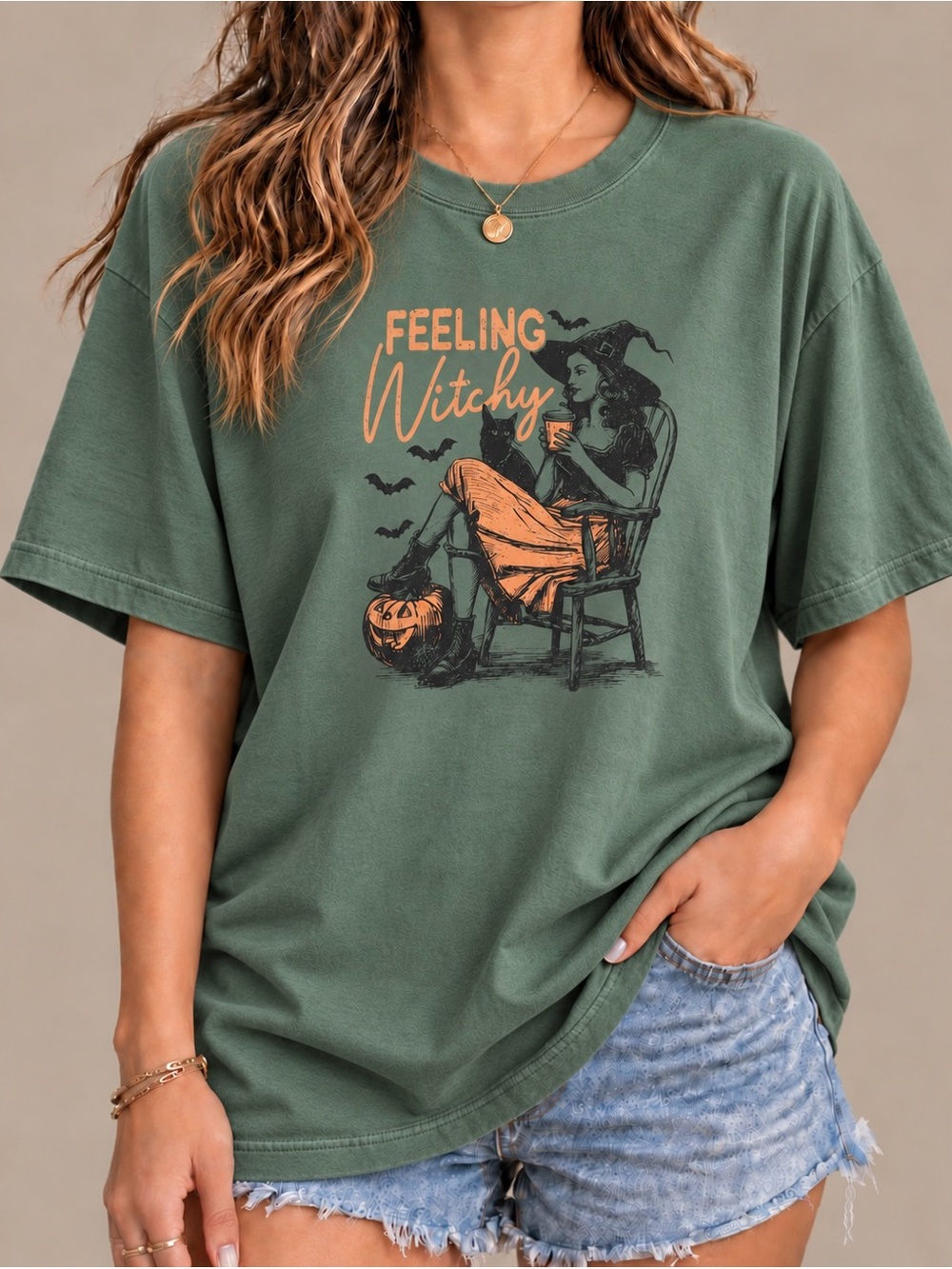 Feeling Witchy Black Cat Halloween Spooky Fall Aesthetic Womens Graphic Tee Shir